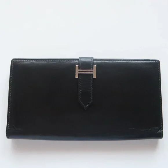Hermès Béarn Black Leather H Buckle Long Wallet Bifold Luxury French Designer